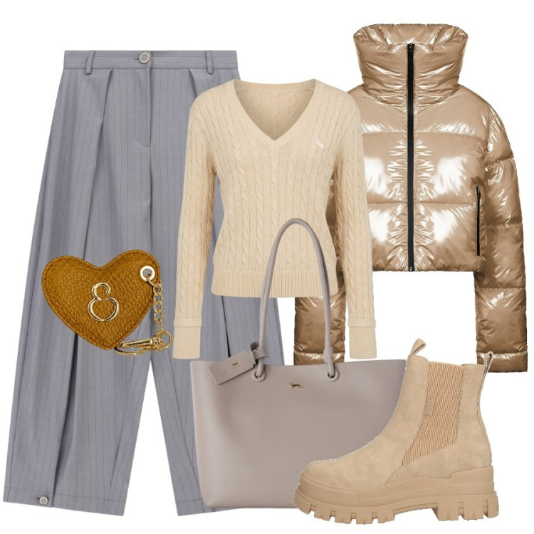 Outfit donna - Grigio e beige. Stile Trendy per Scuola/Università. Abbinamento con stivaletti, shopping bag, pullovers, pantaloni a palazzo, piumini, portachiavi.