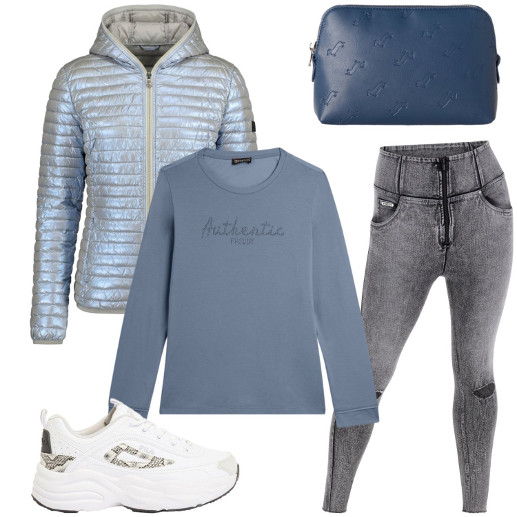 Outfit donna - Total look #2475099. Stile Casual chic per Tutti i giorni. Abbinamento con sneakers, pochette, jeans strappati, felpe, piumini.