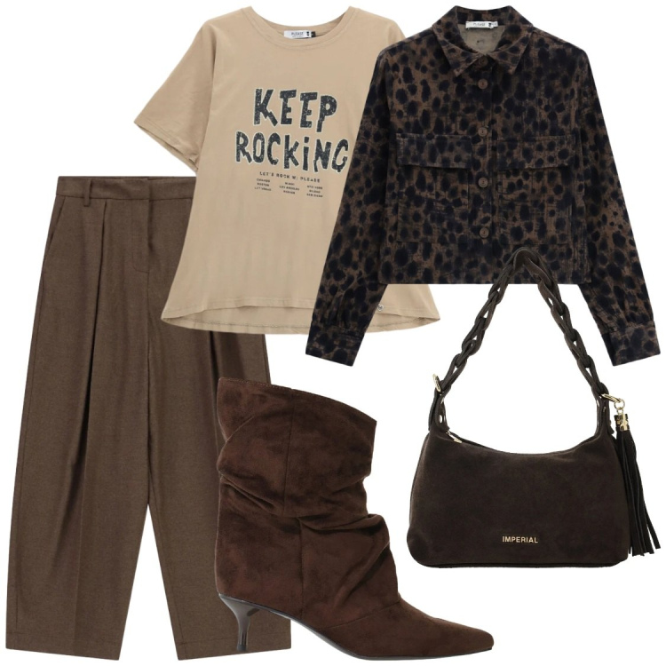 Outfit donna - Total look #2475103. Stile Chic per Ufficio. Abbinamento con stivali, borse a spalla, cappotti, pantaloni a palazzo, t-shirt.