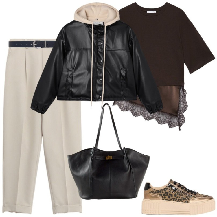Outfit donna - sporty chic. Stile Sporty chic per Tutti i giorni. Abbinamento con shopping bag, sneakers, t-shirt, cinture, giacche, pantaloni.
