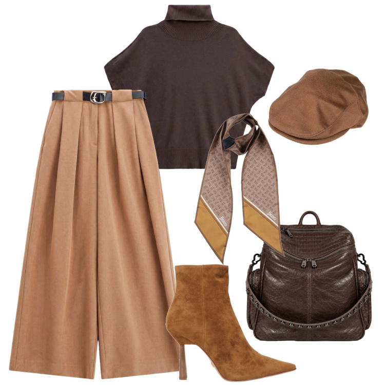 Outfit donna - Choco Camel. Stile Casual chic per Tutti i giorni. Abbinamento con stivaletti, sciarpe, cappelli, pantaloni a palazzo, t-shirt, zaini.