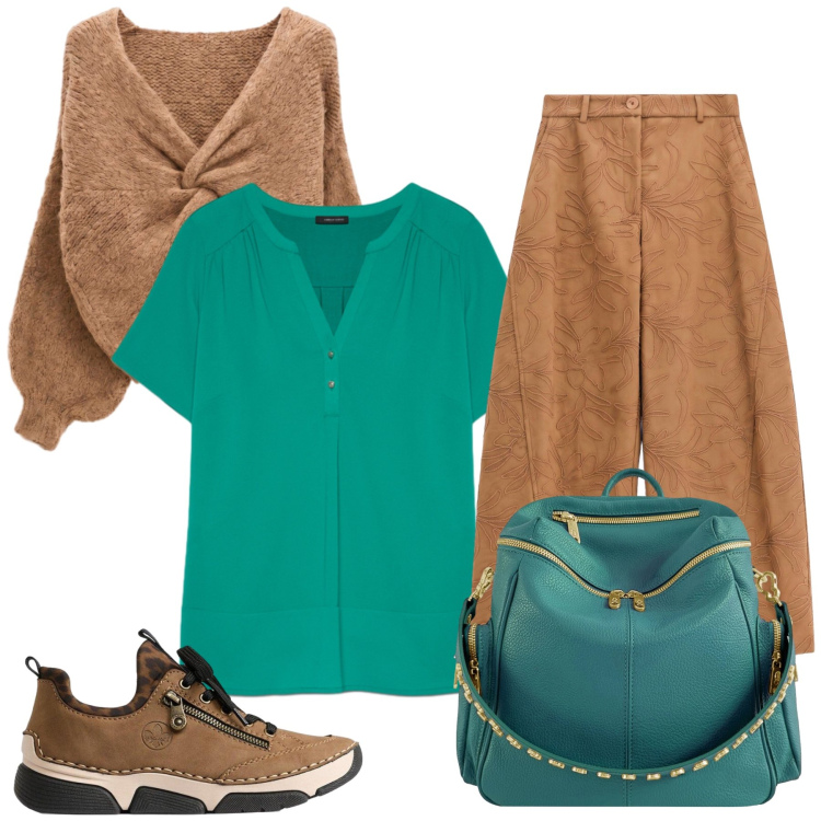 Outfit donna - Total look #2475107. Stile Casual chic per Tutti i giorni. Abbinamento con sneakers, pantaloni a palazzo, maglieria, t-shirt, zaini.