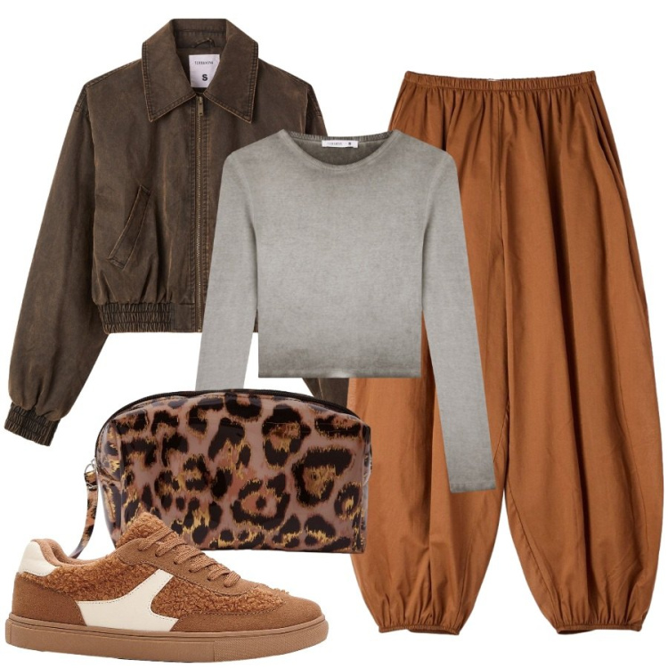 Outfit donna - La mia serata. Stile Casual per Serata fuori. Abbinamento con sneakers, pochette, bomber, t-shirt, pantaloni.