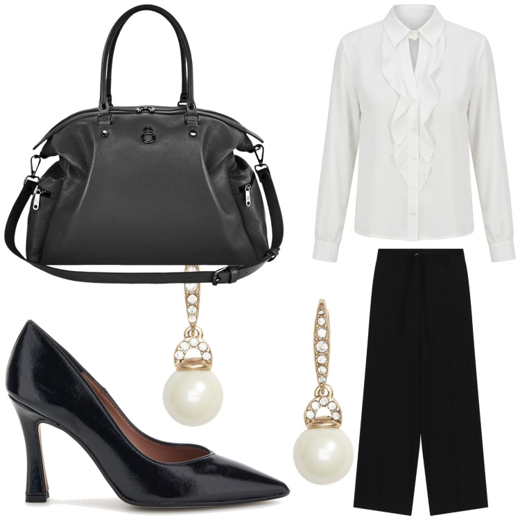 Outfit donna - La donna di Wall Street. Stile Chic per Ufficio. Abbinamento con pantaloni a palazzo, camicie, shopping bag, orecchini, décolleté.