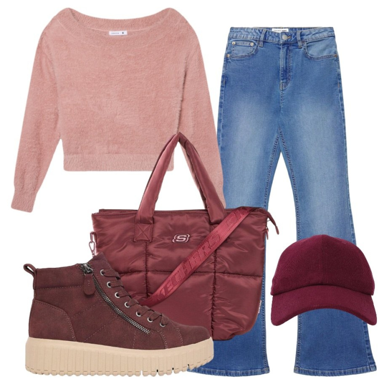 Outfit donna - Comoda all\'università. Stile Casual per Scuola/Università. Abbinamento con shopping bag, sneakers alte, maglieria, jeans a zampa, cappelli con visiera.