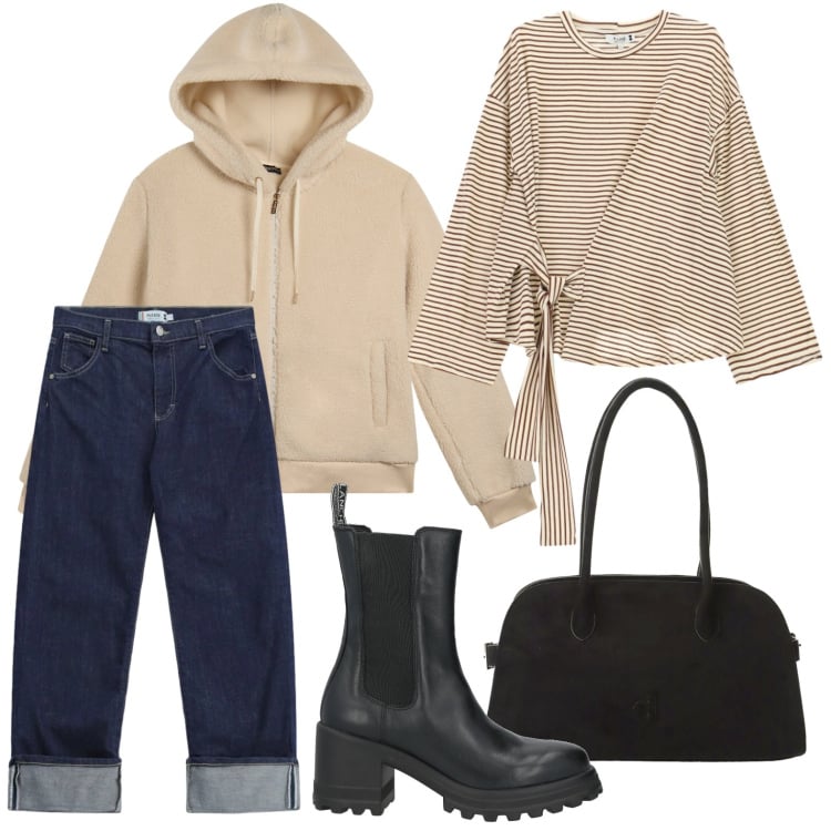 Outfit donna - Felpa in pile. Stile Glamour per Tutti i giorni. Abbinamento con stivaletti, bomber, jeans dritti, t-shirt, borse a spalla.