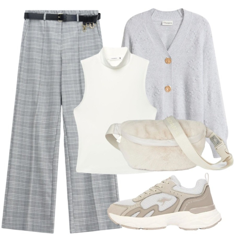 Outfit donna - Un caffé con le amiche. Stile Casual per Tutti i giorni. Abbinamento con cardigans, sneakers, top, pantaloni a palazzo, marsupi.
