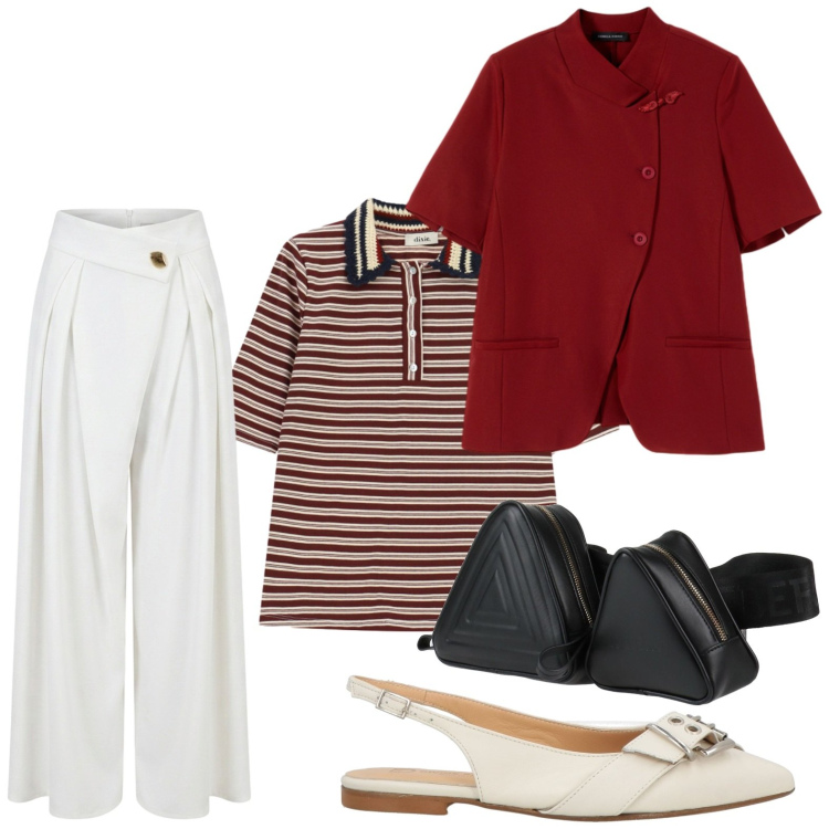 Outfit donna - Décolleté divina. Stile Casual per Tutti i giorni. Abbinamento con marsupi, ballerine, polo, pantaloni a palazzo, blazer.