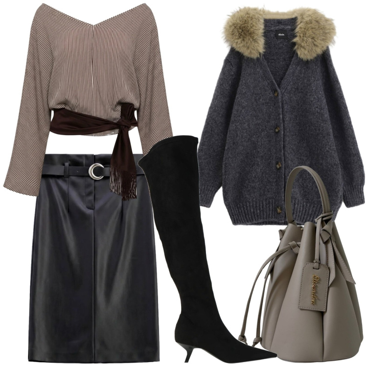 Outfit donna - Transizione stagionale. Stile Casual per Ufficio. Abbinamento con stivali, top, gonne longuette, cardigans, borse a secchiello.