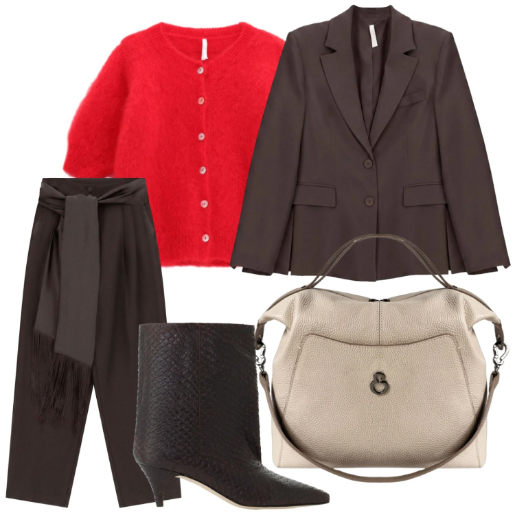 Outfit donna - Blazer monopetto iconico. Stile Basic per Ufficio. Abbinamento con cardigans, pantaloni a palazzo, blazer, stivali, borse a mano.