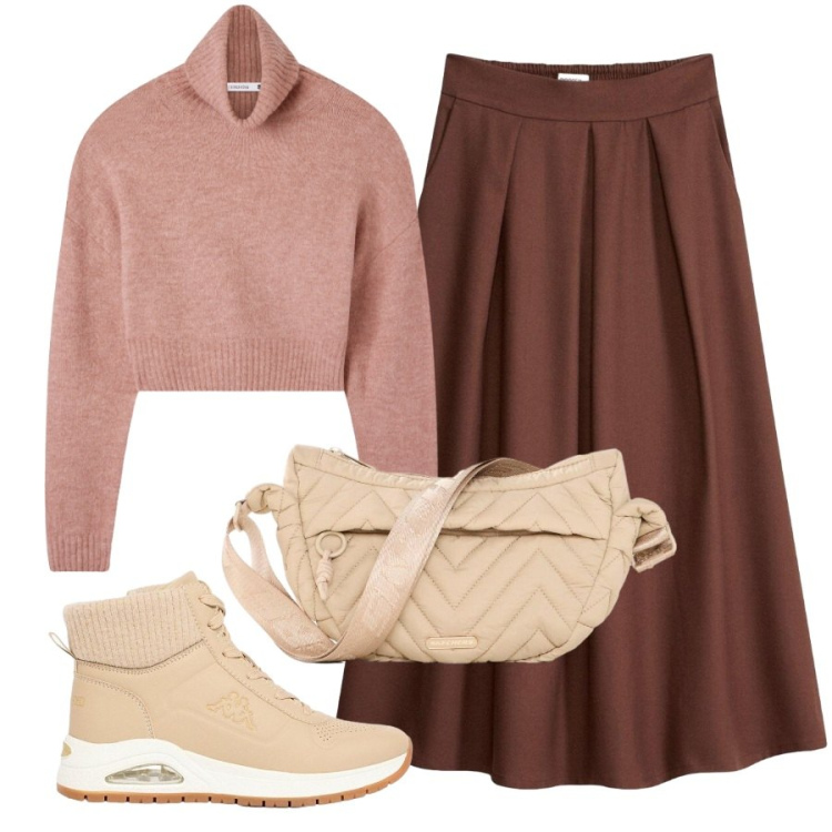 Outfit donna - Gonna e sneakers. Stile Trendy per Scuola/Università. Abbinamento con gonne longuette, stivaletti, marsupi, maglieria.