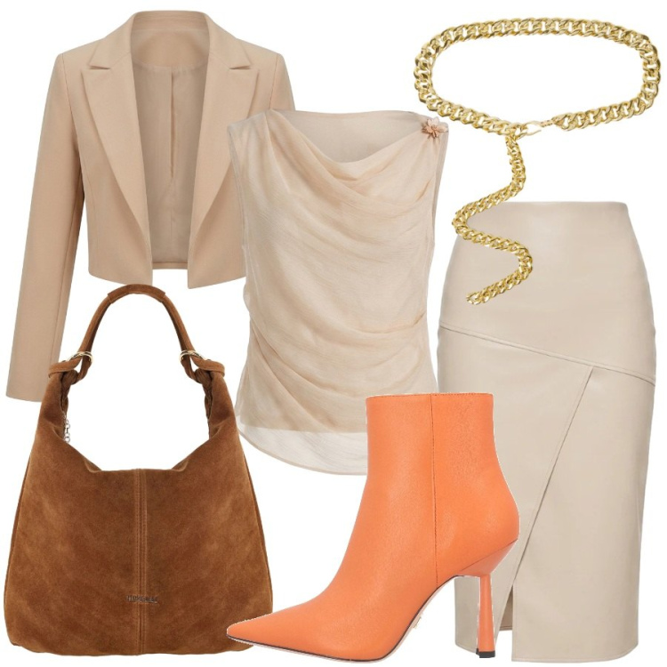 Outfit donna - Sabbia e arancione. Stile Chic per Ufficio. Abbinamento con stivaletti, borse a spalla, bolero, top, gonne longuette, cinture.