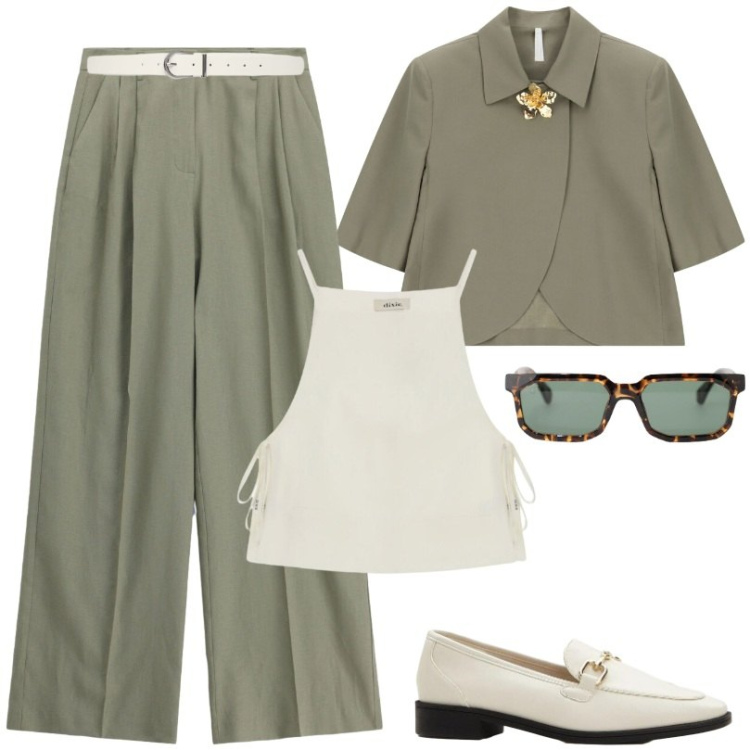 Outfit donna - outfit armonioso e discreto. Stile Casual chic per Ufficio. Abbinamento con mocassini, cinture, occhiali da sole, blazer, pantaloni a palazzo, top.