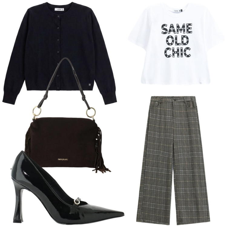 Outfit donna - Please oversize. Stile Casual per Tutti i giorni. Abbinamento con décolleté, borse a spalla, pantaloni, cardigans, t-shirt.