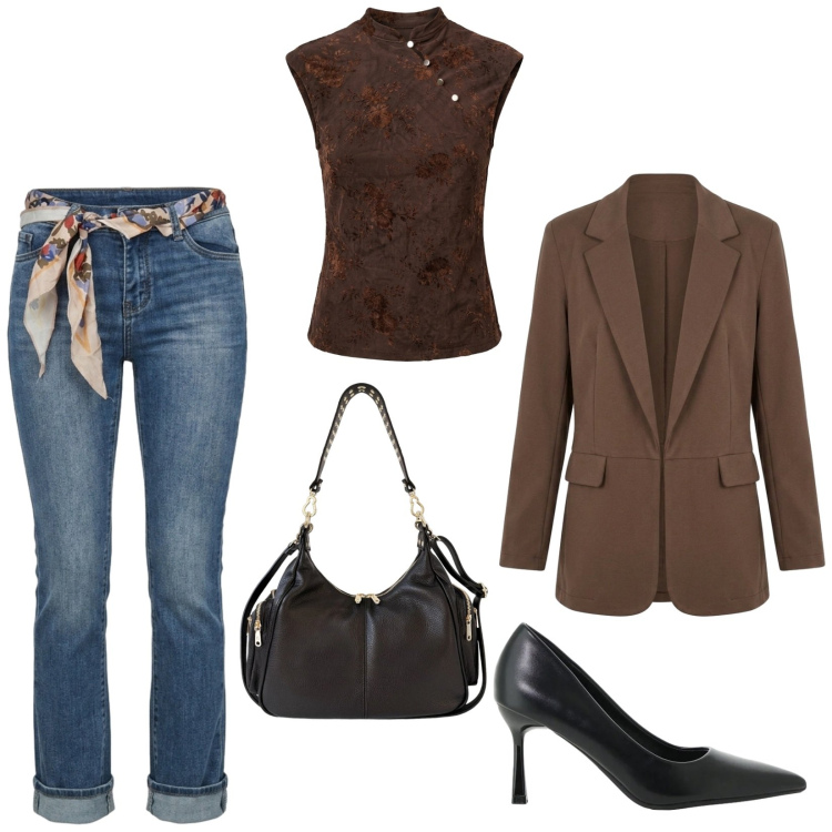 Outfit donna - Total look #2475123. Stile Casual chic per Ufficio. Abbinamento con décolleté, borse a spalla, top, jeans a zampa, blazer.