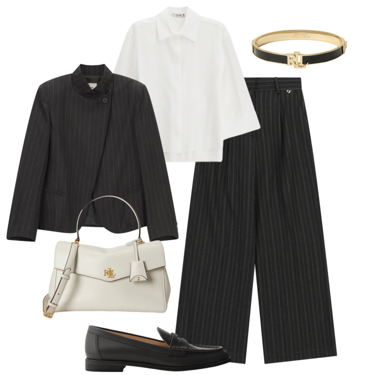 Outfit donna - Mannish by Charlize Theron. Stile Mannish per Ufficio. Abbinamento con camicie, blazer, pantaloni a palazzo, braccialetti, mocassini, borse a mano.
