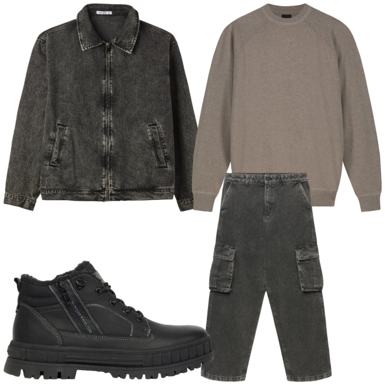 Outfit uomo - Layering urbano leggero. Stile Trendy per Tutti i giorni. Abbinamento con maglieria, cappotti, jeans, stivali e stivaletti.