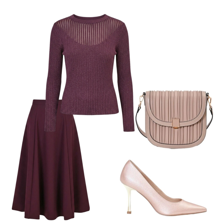 Outfit donna - Bordeaux mania. Stile Chic per Serata fuori. Abbinamento con borse a tracolla, gonne lunghe, décolleté, maglieria.