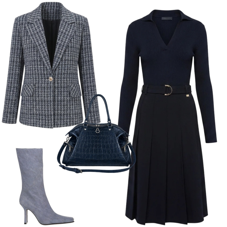 Outfit donna - Chic ufficio tempo libero. Stile Chic per Ufficio. Abbinamento con vestiti midi/longuette, shopping bag, blazer, stivali.