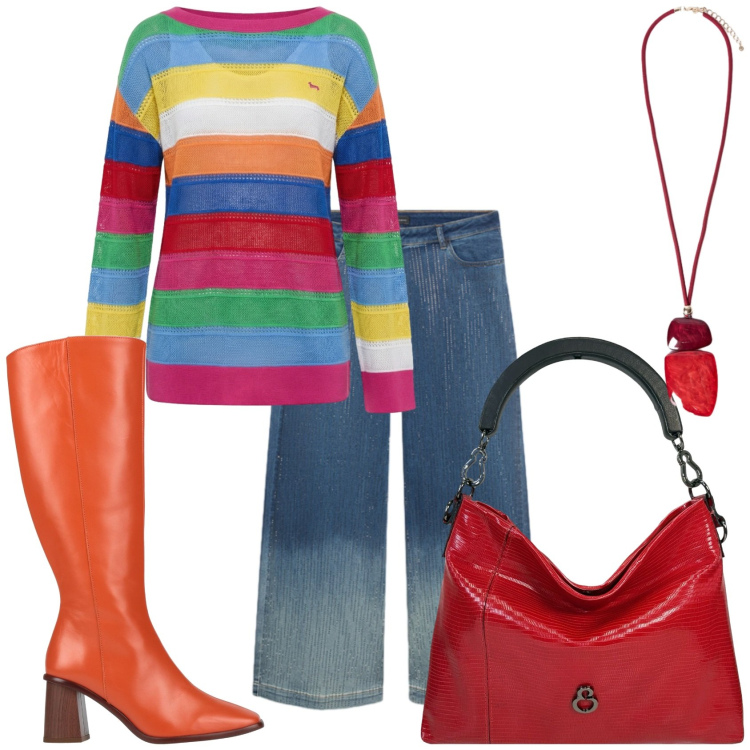 Outfit donna - Piove ma con colore. Stile Trendy per Tutti i giorni. Abbinamento con stivali, maglieria, jeans, ciondoli, borse a mano.