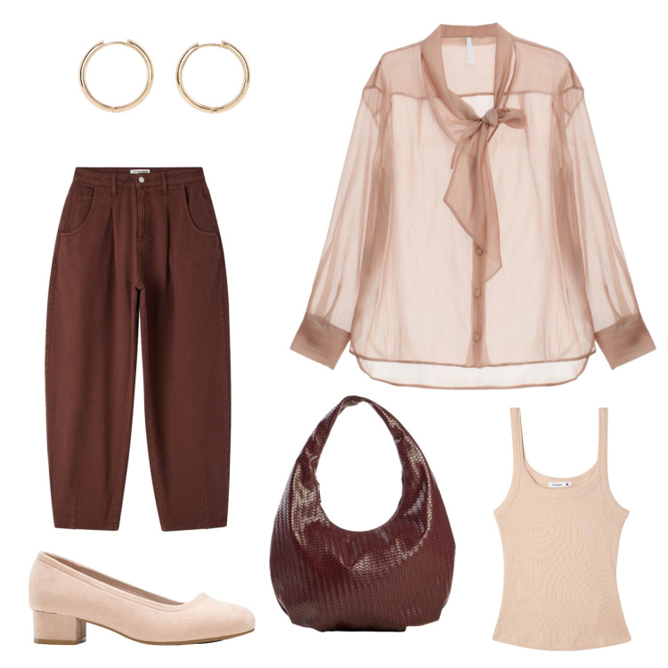 Outfit donna - Daily brown. Stile Chic per Tutti i giorni. Abbinamento con décolleté, orecchini, borse a spalla, canottiere, pantaloni, camicie.