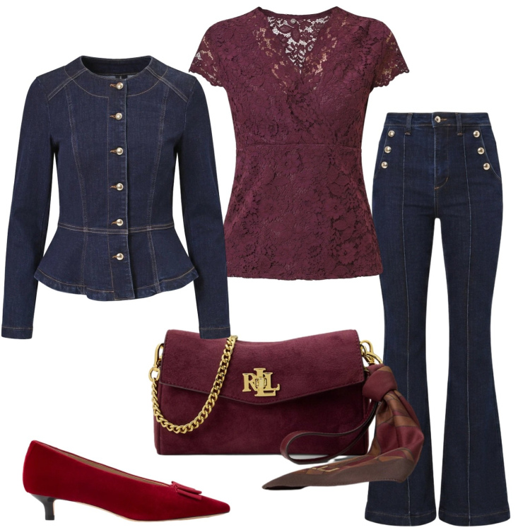 Outfit donna - Chic con il completo di jeans. Stile Chic per Serata fuori. Abbinamento con top, blazer, jeans a zampa, borse a tracolla, décolleté.