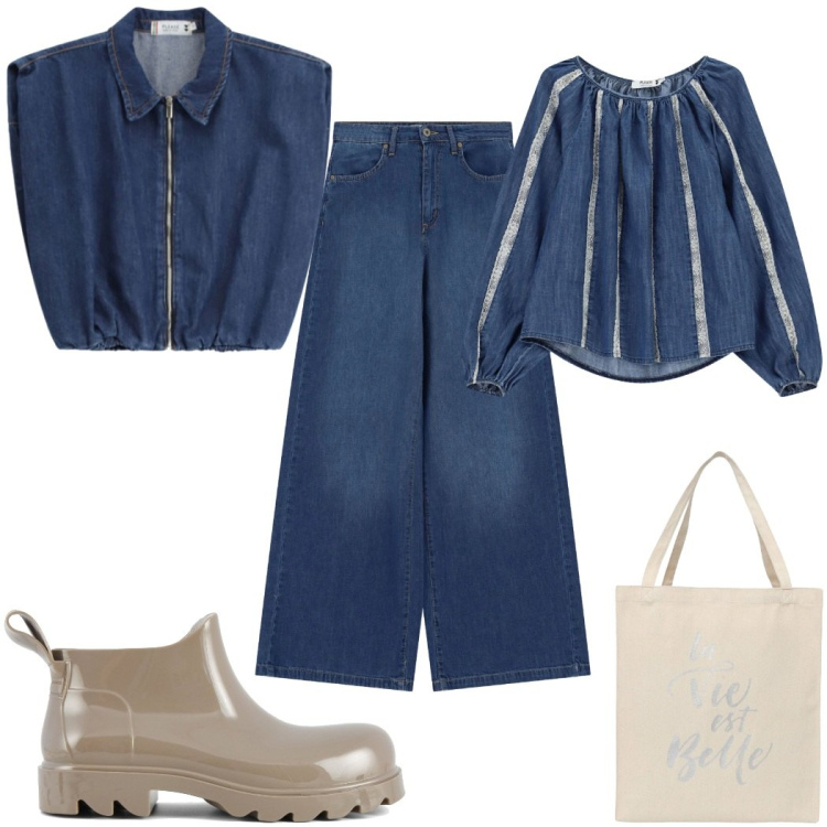 Outfit donna - Dark denim - total denim. Stile Trendy per Tutti i giorni. Abbinamento con borse tote, bluse, gilet, jeans, stivali.