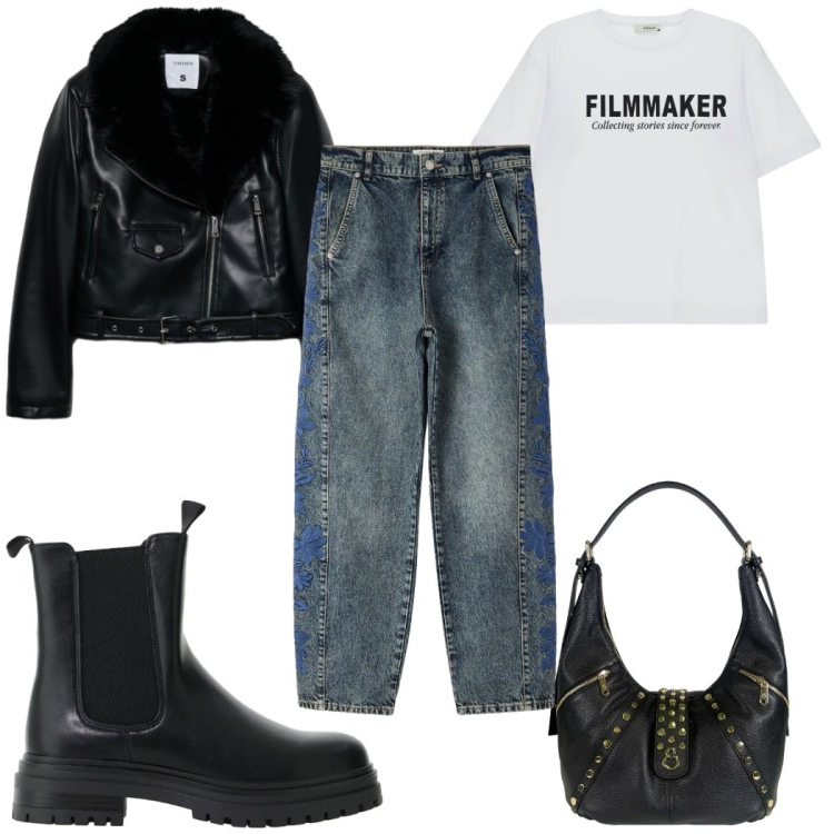 Outfit donna - Dark denim-Il jeans per l\'autunno è rock. Stile Rock per Tutti i giorni. Abbinamento con jeans, blazer, stivaletti chelsea, t-shirt, borse a spalla.