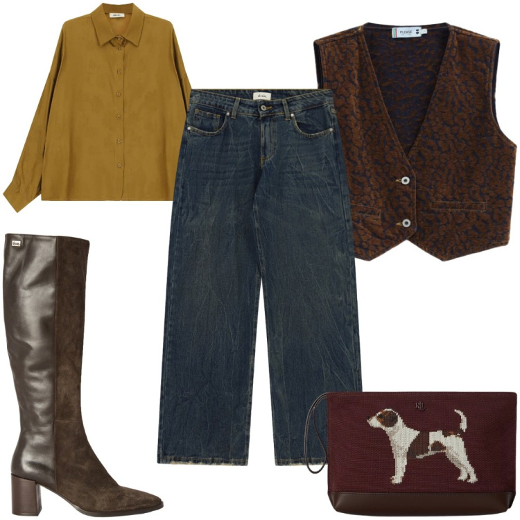 Outfit donna - Dark denim - Il jeans per l\'autunno. Stile Trendy per Tutti i giorni. Abbinamento con stivali, gilet, jeans, camicie, pochette.