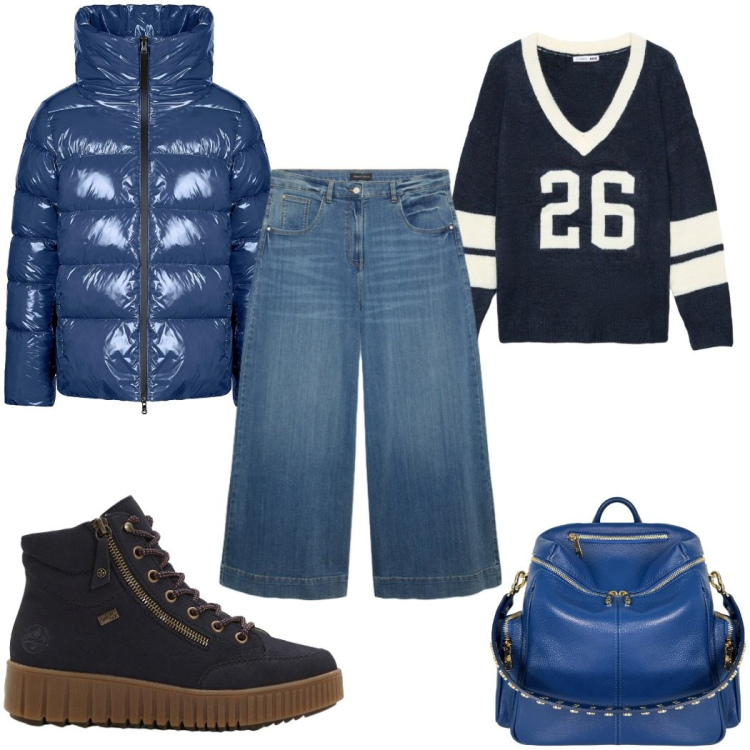 Outfit donna - Weekend Fuori Porta: blu urban. Stile Urban per Tutti i giorni. Abbinamento con sneakers alte, maglieria, jeans, piumini, zaini.
