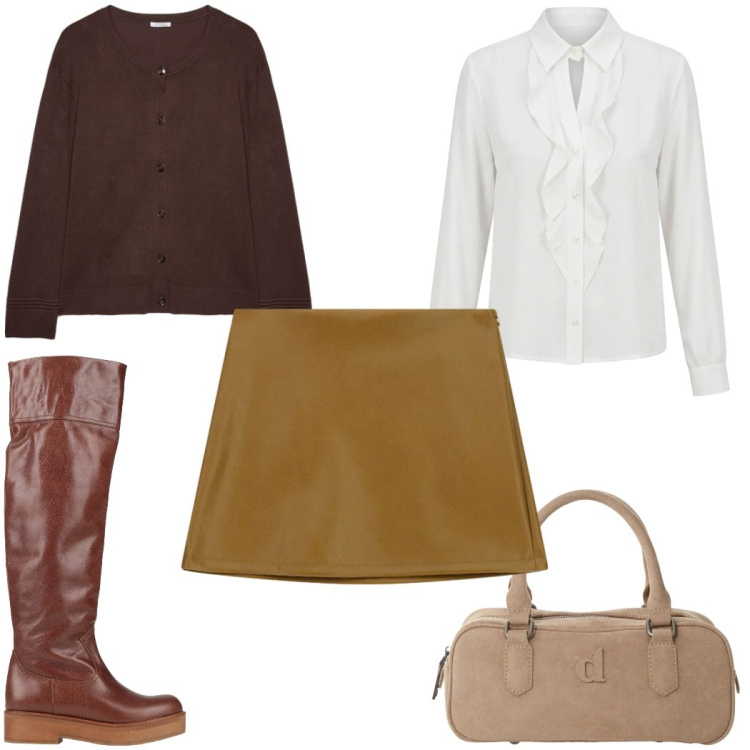 Outfit donna - Sfumature Cammello e Cioccolato 70s. Stile 70s per Tutti i giorni. Abbinamento con stivali, borse a mano, minigonne, camicie, cardigans.