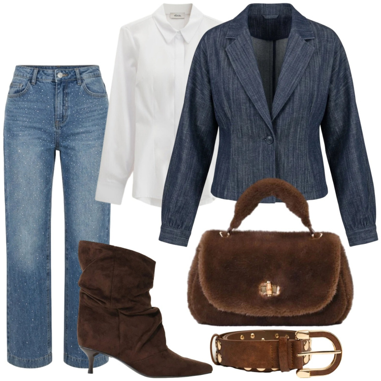 Outfit donna - Dark denim. Stile Casual per Tutti i giorni. Abbinamento con stivali, camicie, borse a mano, jeans, blazer, cinture.