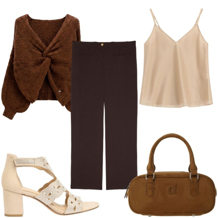 Outfit donna - Sfumature Cammello e Cioccolato in città. Stile Trendy per Tutti i giorni. Abbinamento con sandali col tacco, maglieria, borse a mano, top, pantaloni.