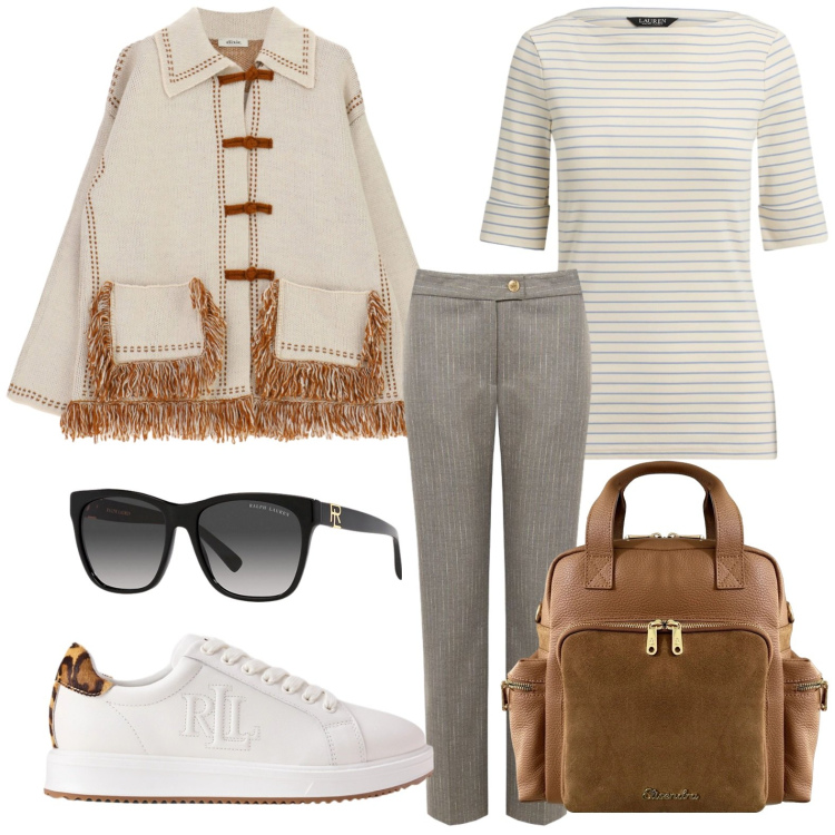 Outfit donna - Weekend Fuori Porta. Stile Basic per Tutti i giorni. Abbinamento con cardigans, pantaloni, zaini, t-shirt, sneakers, occhiali da sole.
