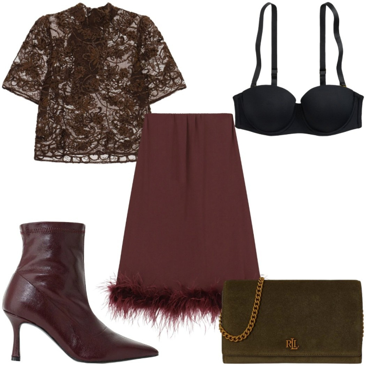 Outfit donna - La maglia in pizzo -stasera. Stile Trendy per Serata fuori. Abbinamento con top, stivaletti, gonne longuette, borse a tracolla, reggiseni.