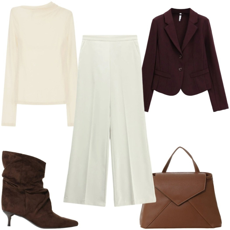 Outfit donna - We Are Back panna e marrone. Stile Trendy per Tutti i giorni. Abbinamento con t-shirt, blazer, stivali, pantaloni a palazzo, borse a mano.