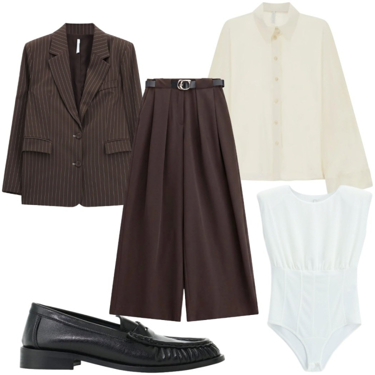 Outfit donna - We Are Back mannish. Stile Mannish per Ufficio. Abbinamento con pantaloni a palazzo, body, blazer, mocassini, camicie.