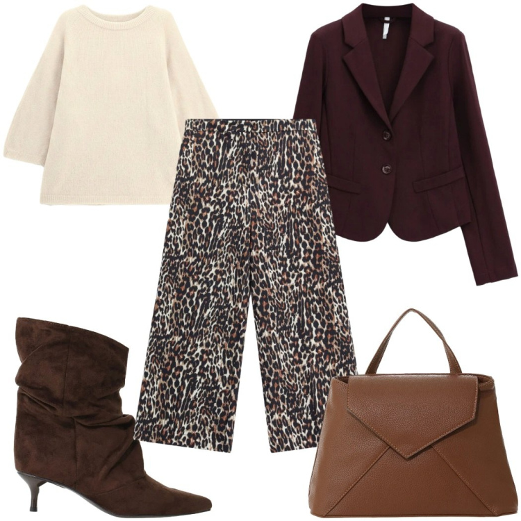 Outfit donna - We Are Back animalier. Stile Trendy per Tutti i giorni. Abbinamento con blazer, pantaloni a palazzo, borse a mano, stivali, maglieria.