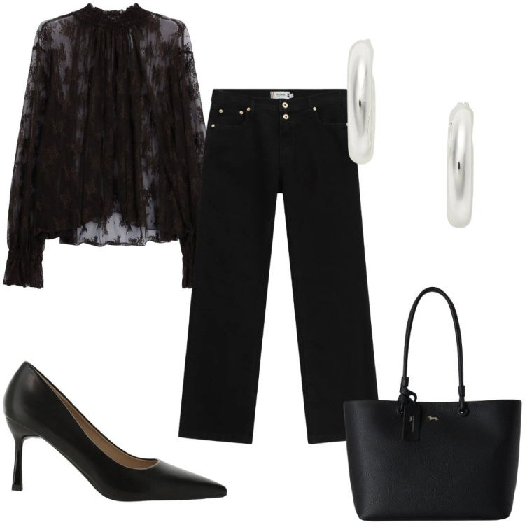 Outfit donna - La maglia in pizzo - casual chic. Stile Casual chic per Tutti i giorni. Abbinamento con shopping bag, décolleté, bluse, pantaloni, orecchini.