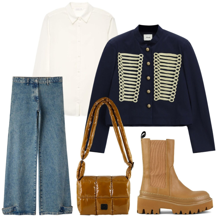 Outfit donna - Dark denim. Stile Glamour per Scuola/Università. Abbinamento con jeans, camicie, blazer, borse a spalla, stivaletti chelsea.