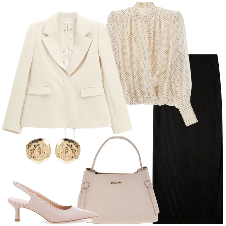 Outfit donna - Iconic business woman. Stile Casual chic per Ufficio. Abbinamento con gonne lunghe, camicie, blazer, orecchini, décolleté, borse a tracolla.