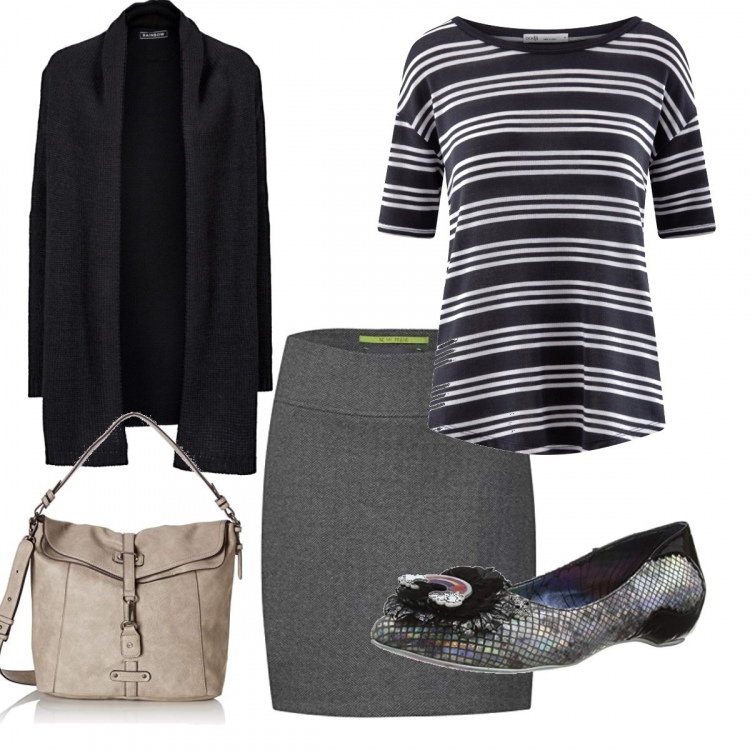 Outfit donna - Grigio con scarpa luccicosa. Stile Basic per Ufficio. Abbinamento con cardigans, t-shirt a righe con scollo in in maglia con orlo blu, scarpe col tacco nero, gonna nero, borsa a spalla beige.
