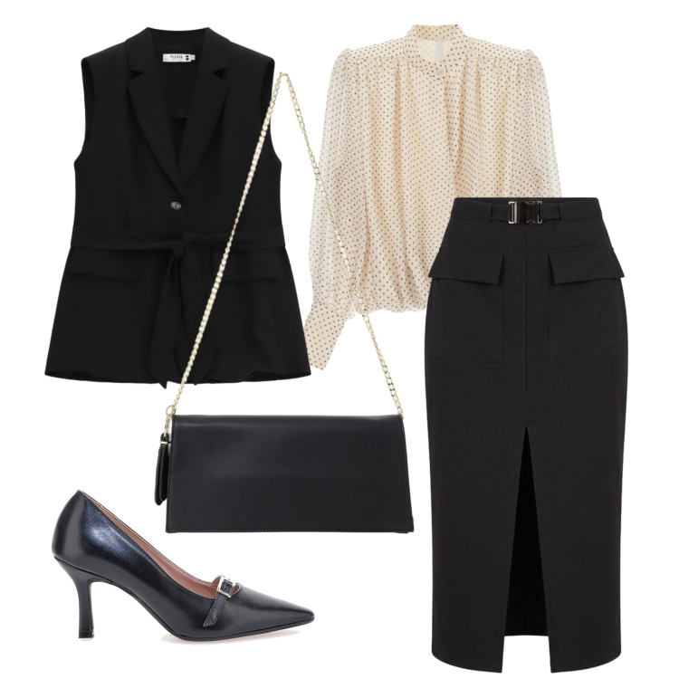 Outfit donna - Settembre. Stile Chic per Ufficio. Abbinamento con gonne longuette, camicie, borse a tracolla, gilet, décolleté.