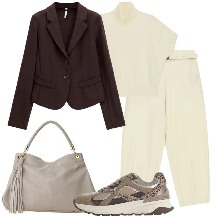 Outfit donna - Panna per la città. Stile Urban per Tutti i giorni. Abbinamento con pantaloni, sneakers, maglieria, blazer, borse a spalla.