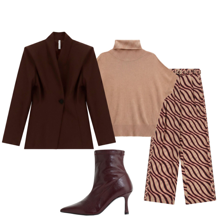 Outfit donna - Sovrapposizione di colori. Stile Chic per Tutti i giorni. Abbinamento con blazer, stivaletti, t-shirt, pantaloni a palazzo.