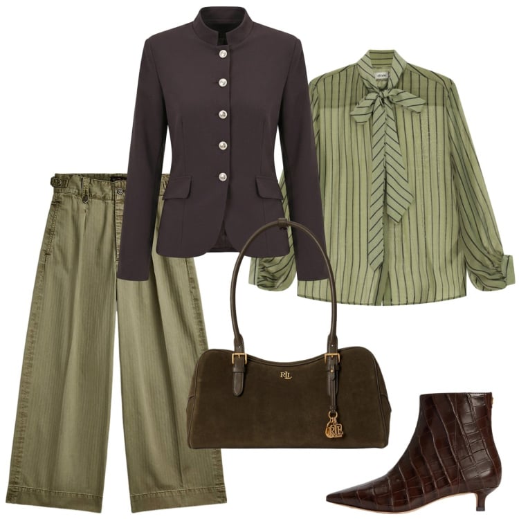 Outfit donna - Sabato al ristorante giapponese. Stile Chic per Tutti i giorni. Abbinamento con camicie, blazer, pantaloni, stivaletti, borse a mano.