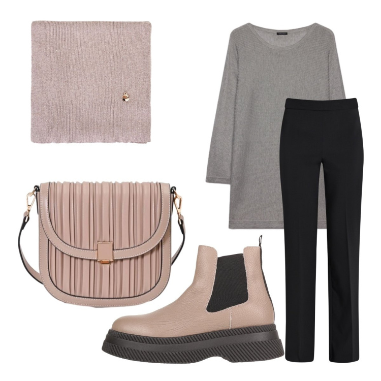 Outfit donna - Casua di giorno. Stile Casual per Tutti i giorni. Abbinamento con stivaletti, borse a tracolla, sciarpe, pantaloni, maglieria.