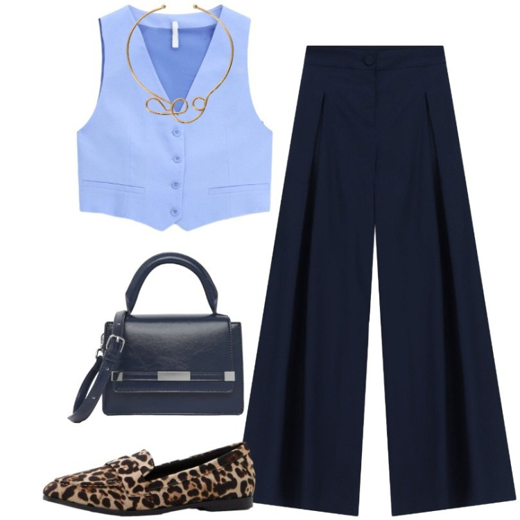 Outfit donna - Giornata lavorativa. Stile Casual per Ufficio. Abbinamento con mocassini, borse a tracolla, pantaloni a palazzo, gilet, top, collane.
