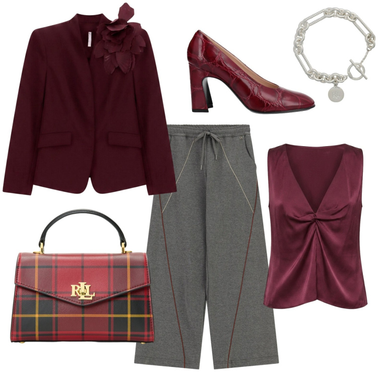 Outfit donna - La borsa tartan. Stile Glamour per Serata fuori. Abbinamento con décolleté, blazer, pantaloni a palazzo, top, braccialetti, borse a mano.