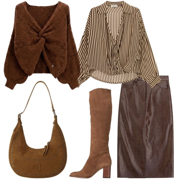 Outfit donna - Sfumature Cammello e Cioccolato. Stile Urban per Ufficio. Abbinamento con stivali, maglieria, gonne longuette, borse a spalla, camicie.